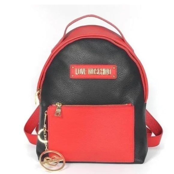 NWOT LOVE MOSCHINO Black & Red Grainy Leather Signature Backpack